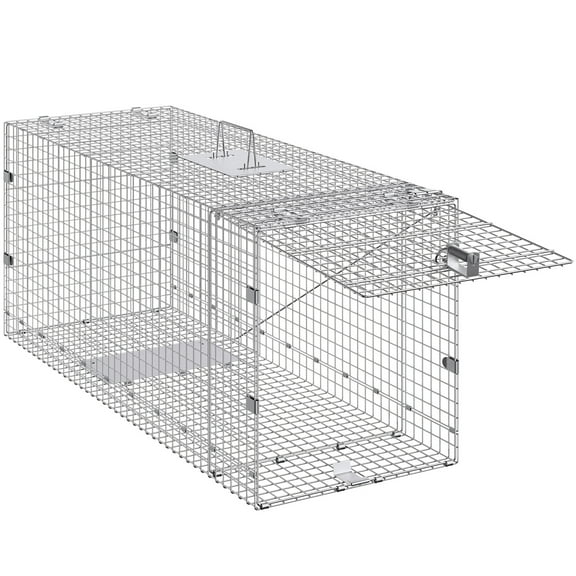 KFFKFF Live Capture Animal Trap 50" x 20" x 26", Galvanized Live Animal Cage Trap, Collapsible Design with Carry Handle for Safe Transport of Stray Dogs, Armadillos, Raccoons, Marmots, Foxes