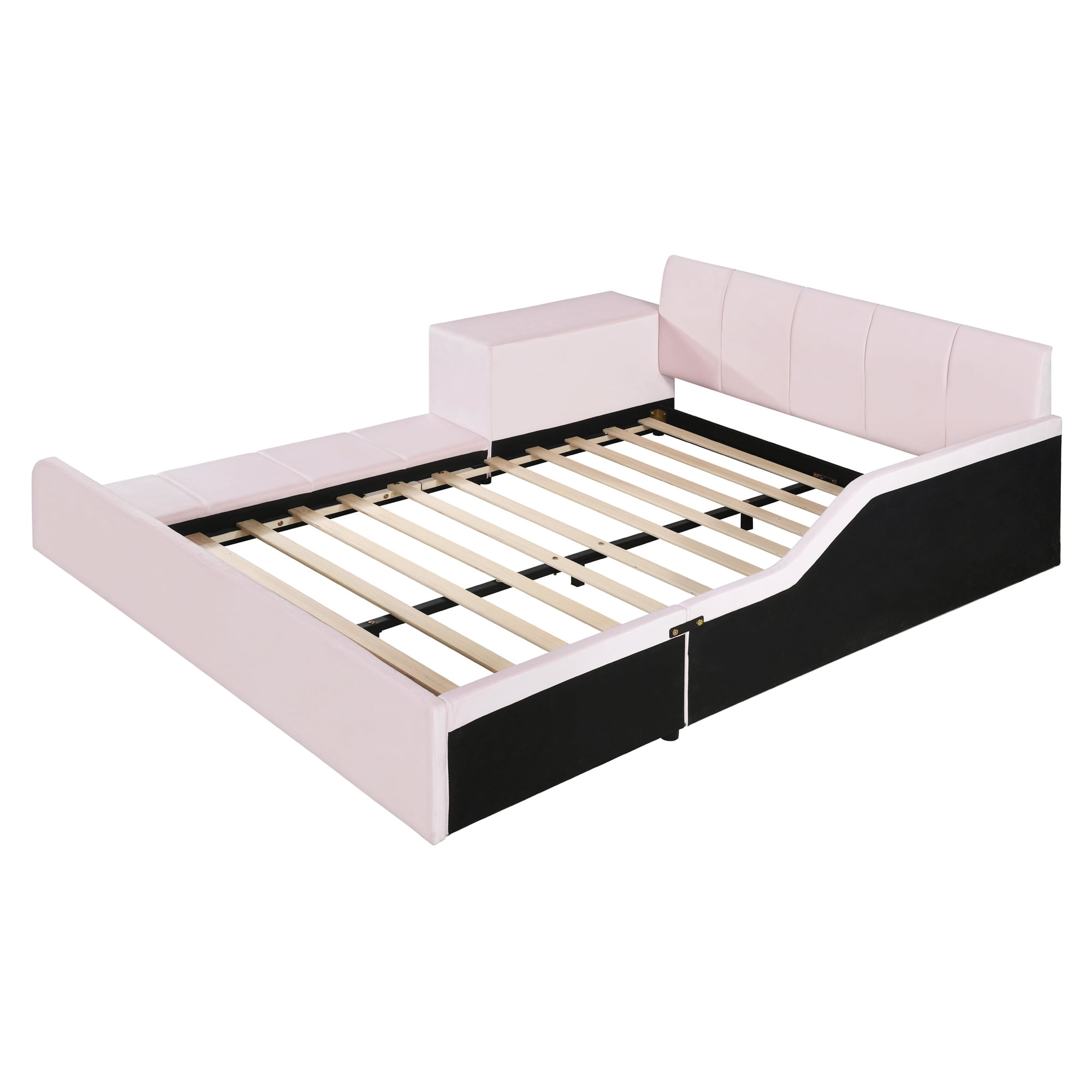Aukfa Full Size Mother & Child Bed Frame, Velvet Upholstered Platform Bed with Bedside Desk & Stool, Grounded Design, Pink