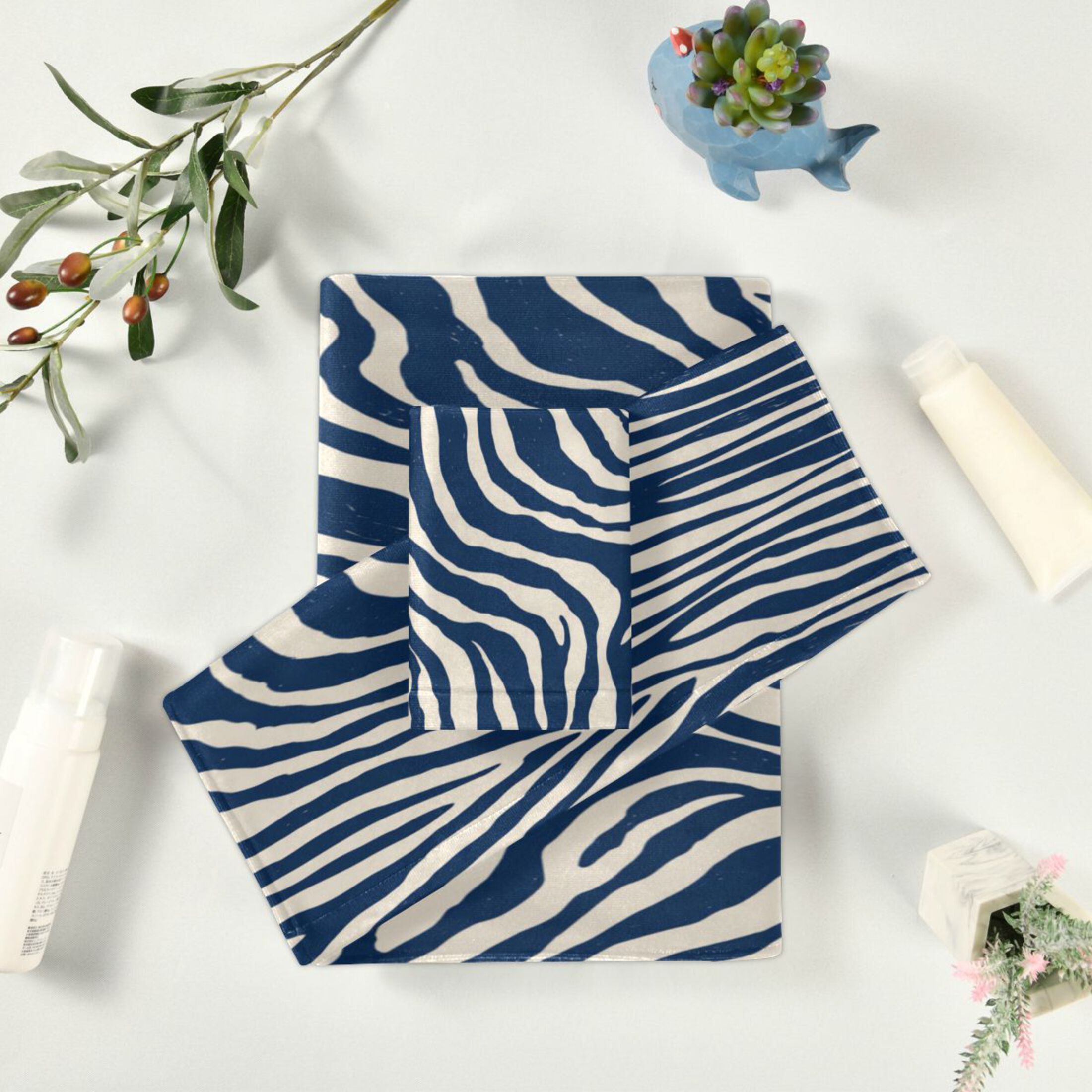 3 Sizes of Towel Sets Including Bath Towel Hand Towel and Washcloth for Daily Use Digital Blue Zebra Stripes