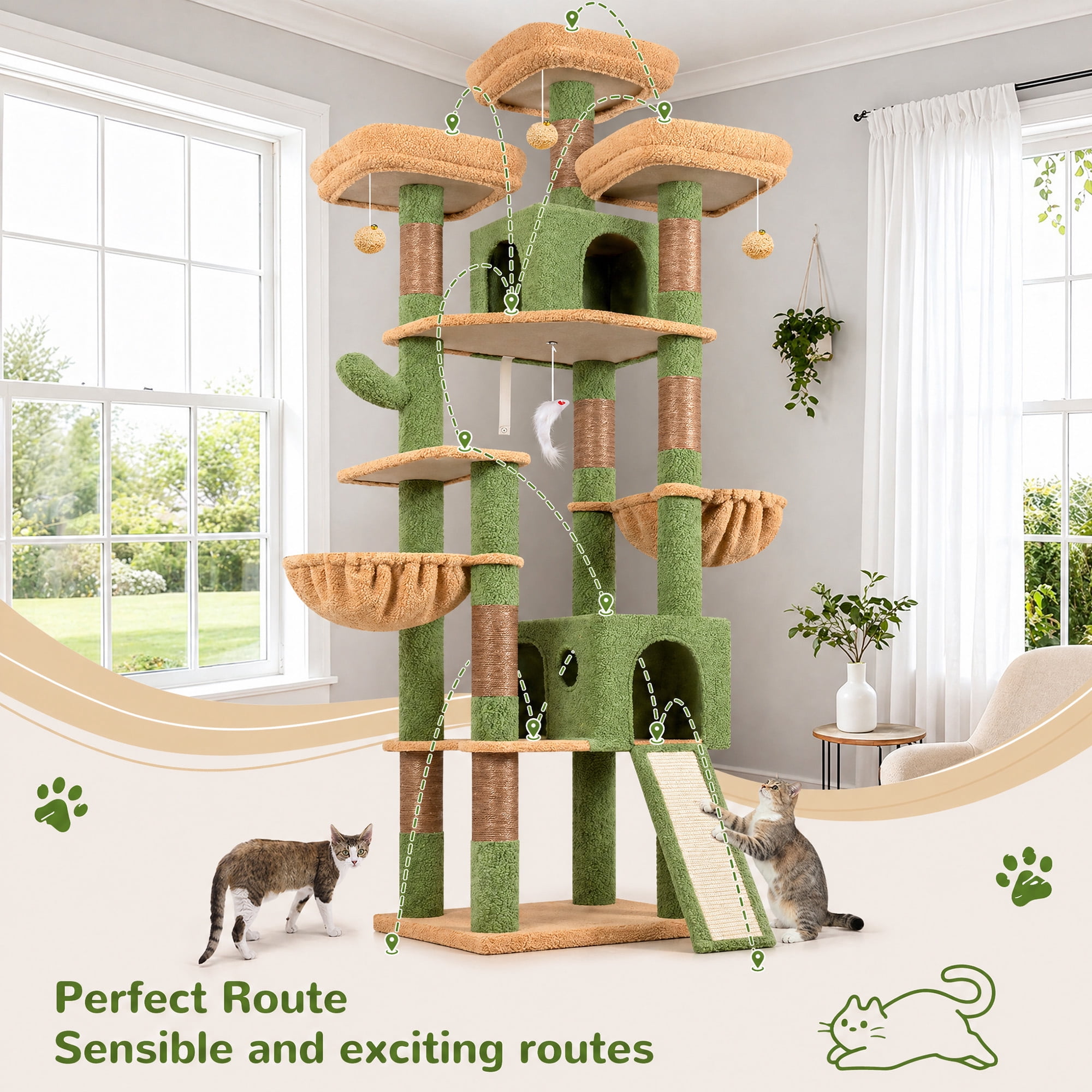 Globlazer 83'' Multi-Level Large Cat Tree Tower for Indoor Cats with Sisal Scratching Post, Hammock & 2 Condos, Green