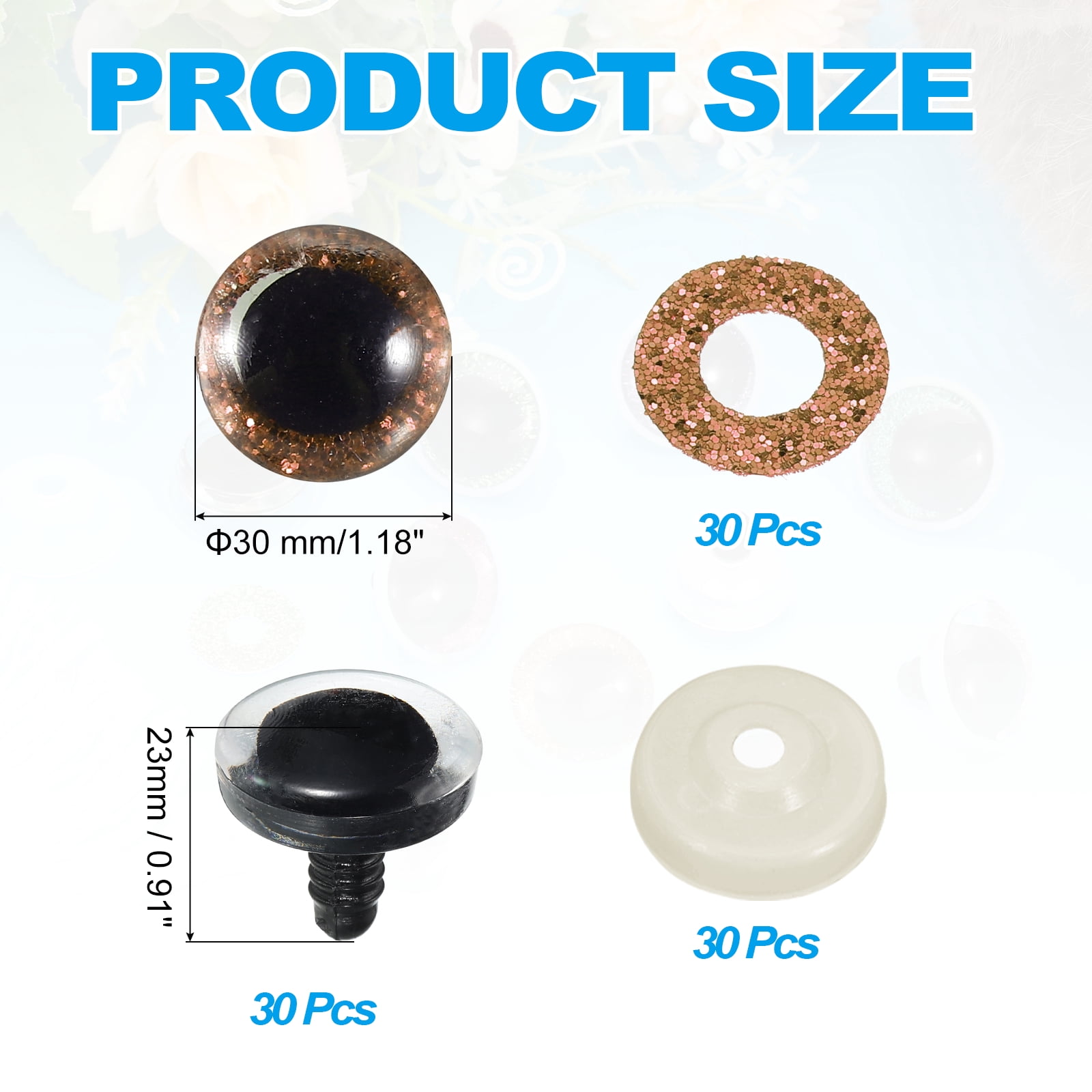 Uxcell 30mm Flash Safety Eyes, 30 Pcs Plastic Glitter Safety Eyes Realistic Colorful Crocheting Safety Eyes for Decor Crochet Accessories Dolls Craft, Brown