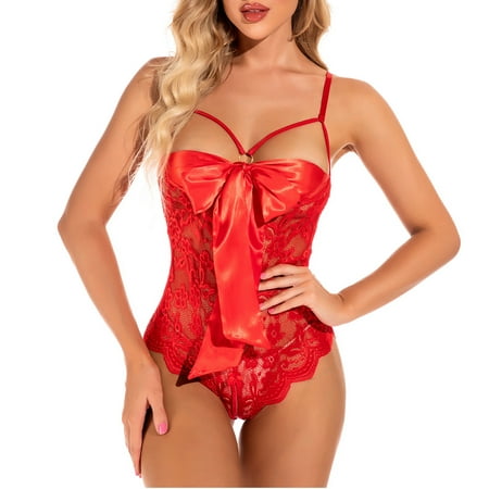 

Sexy Lingerie for Women Self Knot Front Teddy One-Piece Floral Lace Bodysuit Cutout Mesh Babydoll Sleepwear