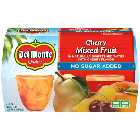(4 Cups) Del Monte Cherry Flavor Mixed Fruit Cup, No Sugar Added, 4 oz