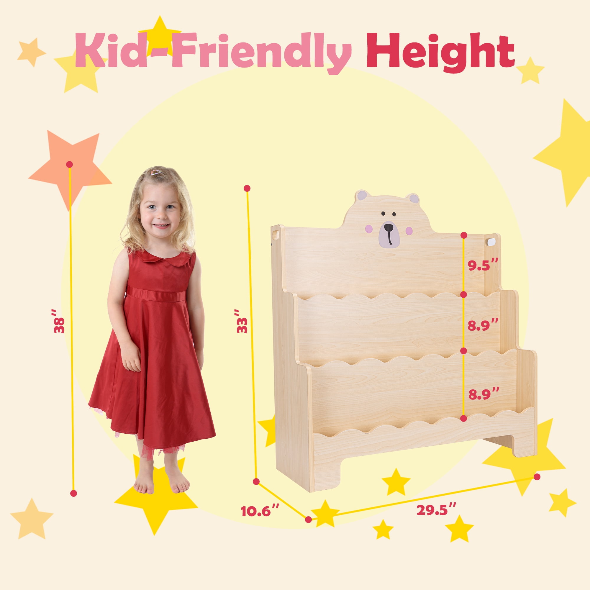 Kids Wooden 3-Tier Bookshelf with Scalloped Edges, Front-Facing Book Display, Montessori Toddler Book Rack & Book Shelves for Kids Room, Nursery, Bedroom, Classroom