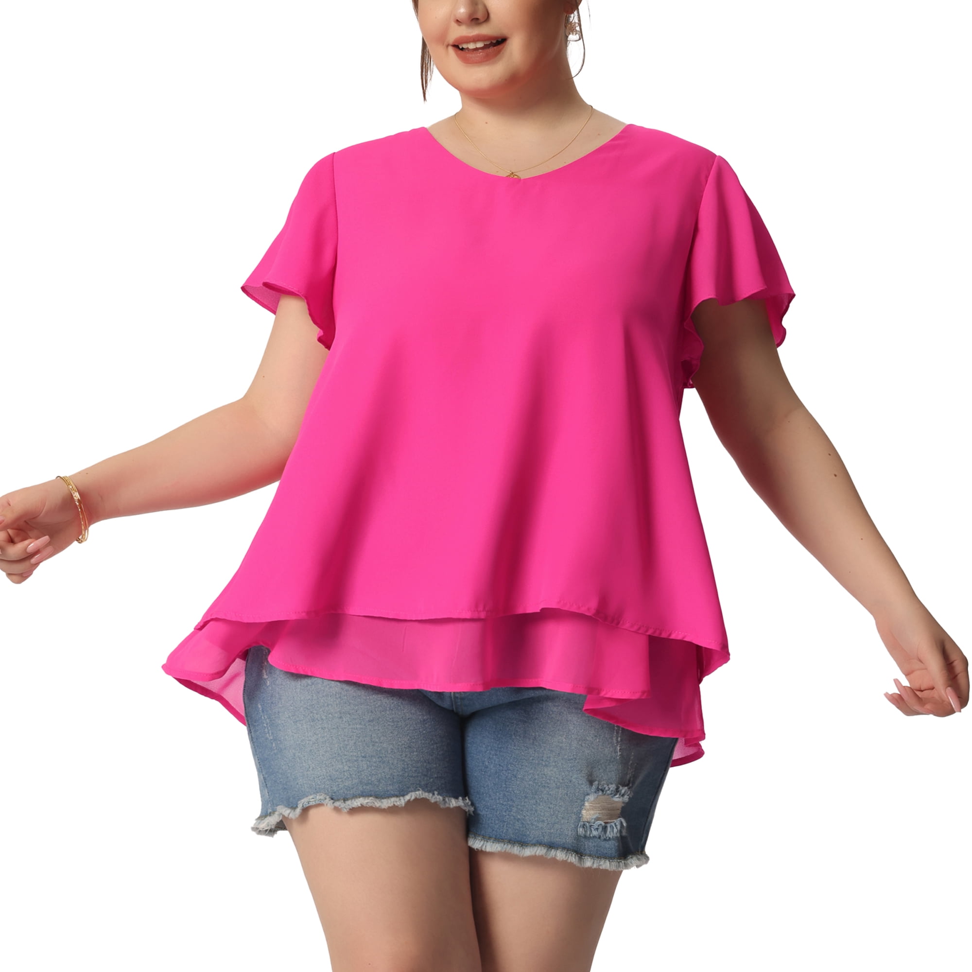 DARING DIVA Women's Plus Size Ruffle Short Sleeve V Neck Chiffon Blouse L Hot Pink
