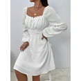 thumbnail image 3 of SEARIPE Women's Long Sleeve Plain Square Neck Ruched High Waist Dress Lace-up Casual Elegant Midi Dresses White S, 3 of 5
