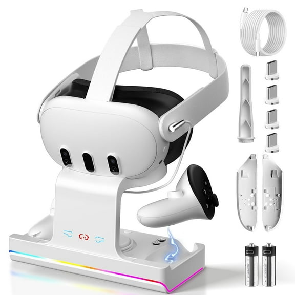 Charging Dock for Oculus/Meta Quest 3- Magnetic Docking Station with LED Light - Headset Display Stand and Controller Mount, 2 * 1800Mah Rechargeable Batteries White