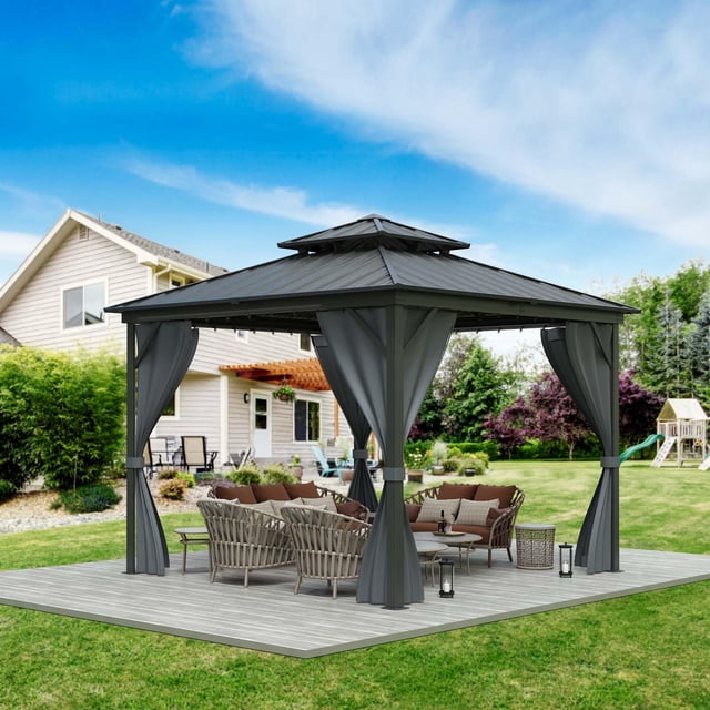 Gazebo à Toit Rigide Robuste 12 X 12 Pi – Pavillon Extérieur à Double Toit – Cadre en Acier Galvanisé et Aluminium – Comprend des Rideaux et une Moustiquaire – Abri de Patio Permanent pour Cour Arrière, Terrasse, Jardin – Gris – Couleur : Défaut de Système