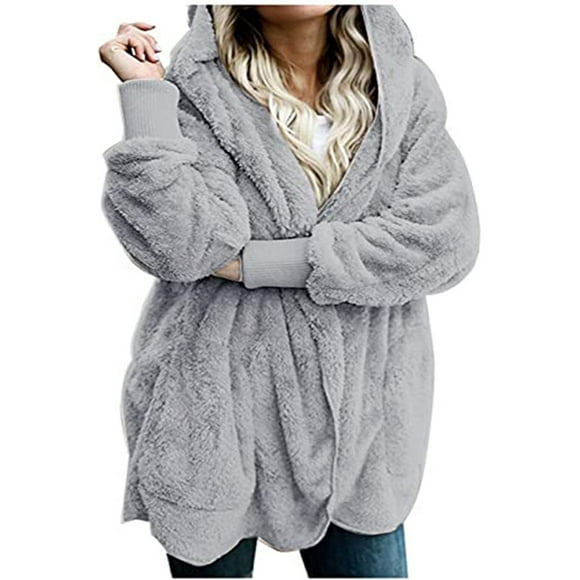 Women Hooded Cardigan Fuzzy Jacket Winter Open Front Fleece Coat Outwear with Pockets,Grey,M