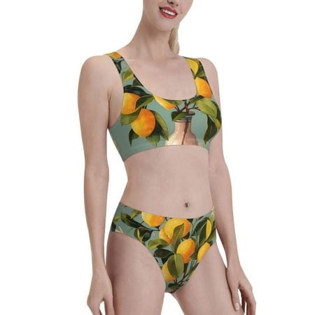 Uemuo Retro Warm Lemon Flower Printed Women s High Waisted Bikini Sets Sporty Two Piece Swimsuits Color Block Cheeky High Cut Bathing Suits-XX-Large