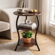NUBILY Vintage 3-Tier Round Side Table, 15.8Lx15.8Wx24.8H, Slim Waist Design, Compact for Small Spaces, Brown Storag Shelf, MDF Top & Iron Frame