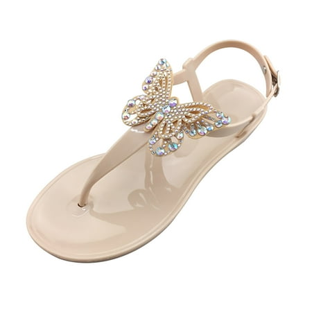 

〖Yilirongyumm〗 Beige 39 Sandals Women Shoes Toe Flats Buckle Fashion Rhinestone Women s Sandals Casual Round Strap Women s Sandals