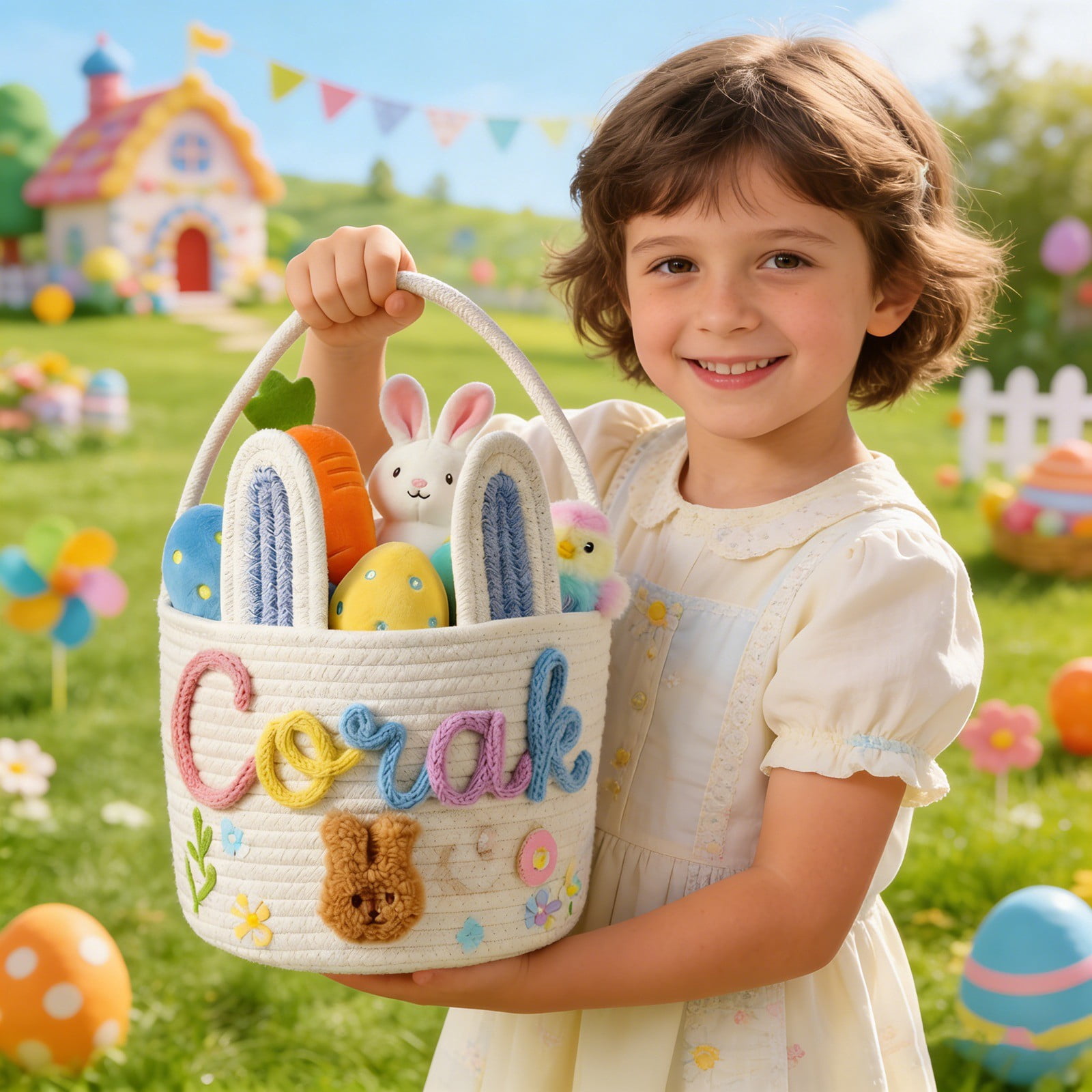 Personalised Easter Basket, Easter Basket 3D Cord Embroidery Technology, Easter Nest for Filling for Boys and Girls, Not Include Dolls (Rabbit Design)