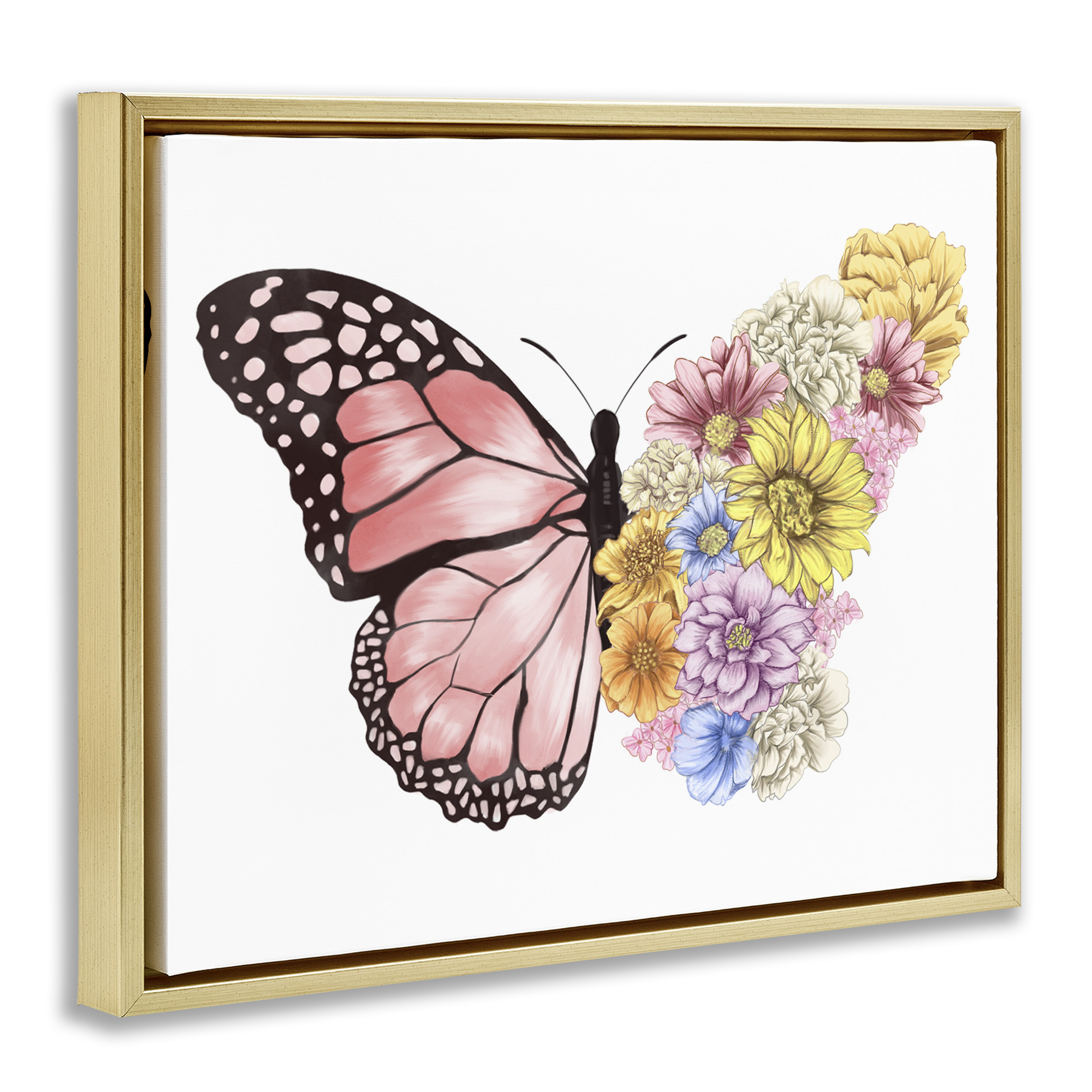 Stupell Industries Butterfly Floral Bouquet Wing Animals & Insects Painting Gold Floater Framed Canvas Art Print Wall Art, 31 x 25