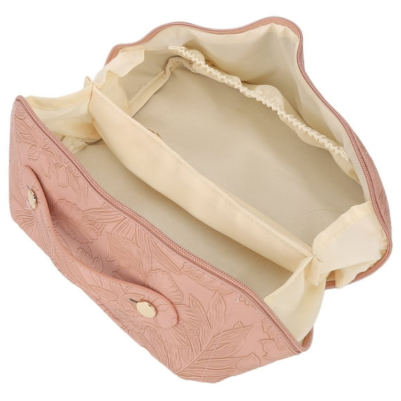 Make Up Bag, PU Leather Women Cosmetic Bag Embossed Floral Pattern Large Capacity For Travel