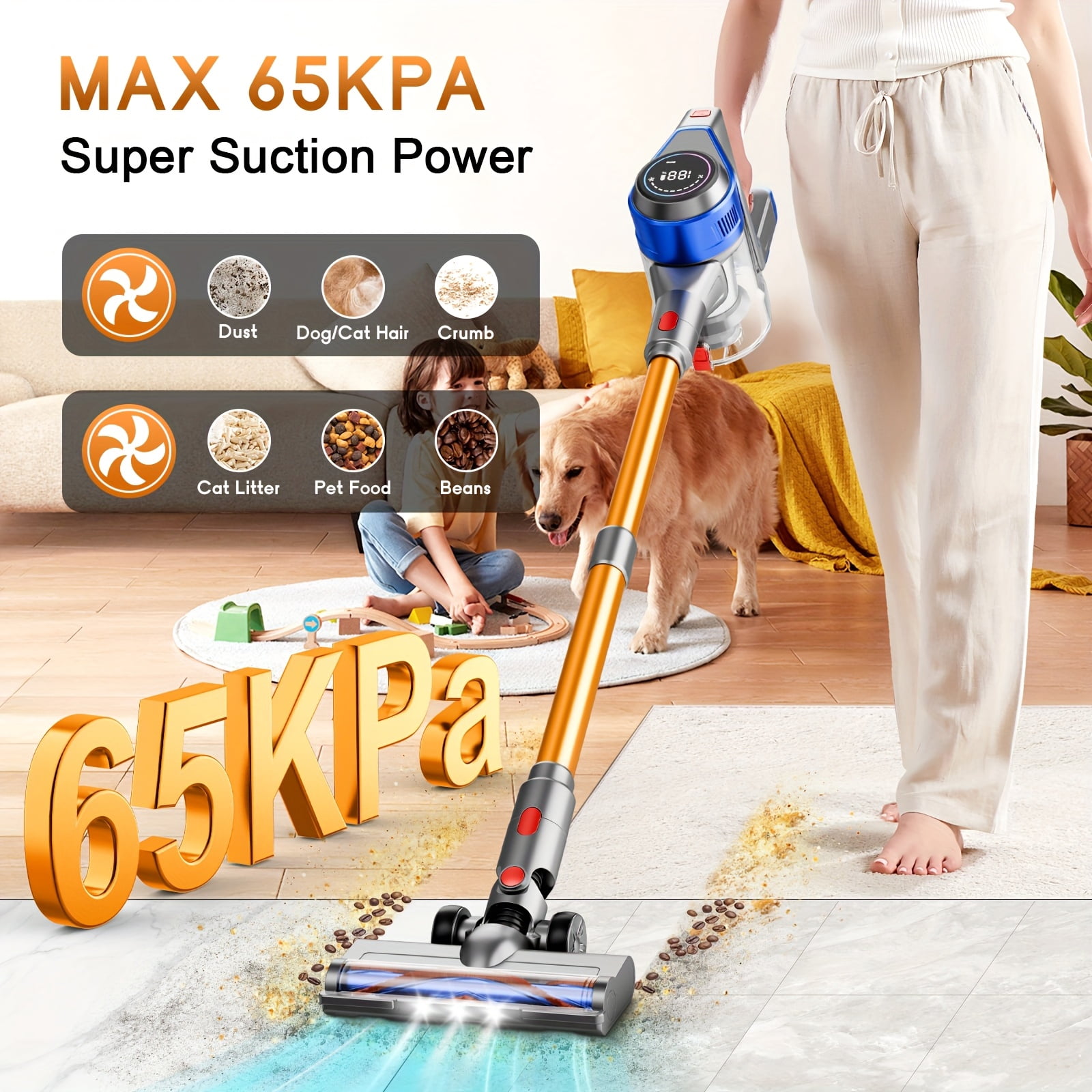 Cordless Vacuum Cleaner for Home - Powerful, Max 65Kpa Stick Vacuums Lightweight with Detachable Battery Display, Max 45Mins Runtime, 8in 1 Handheld Vacuum for Hardfloor & Carpets Pet Hair.