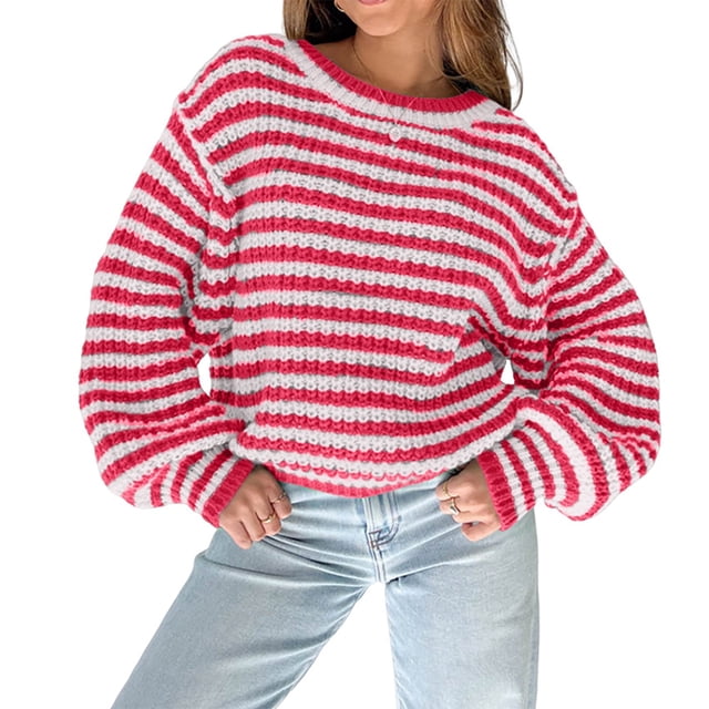 Suéter Vintage A Rayas para Mujer, Cuello Redondo, Larga, Corte en Bloque de Color, Informal, Holgado, de Punto Rojo XL