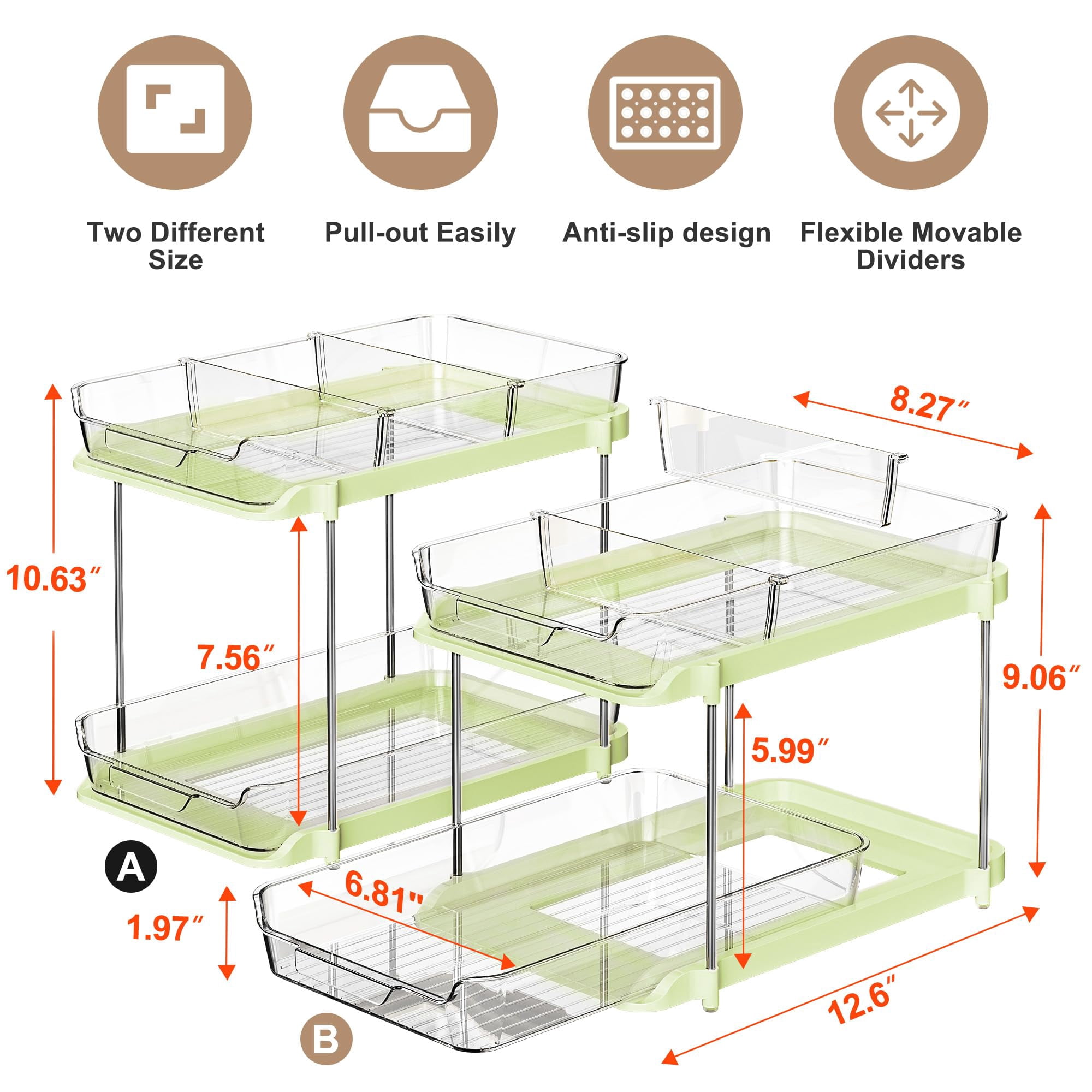 2-tier Multi-purpose Bathroom Under Sink Organizers And Storage  Stackable Kitchen Pantry Organization Pull Out Cabinet Organizer With Movable Dividers Green 2 Pack