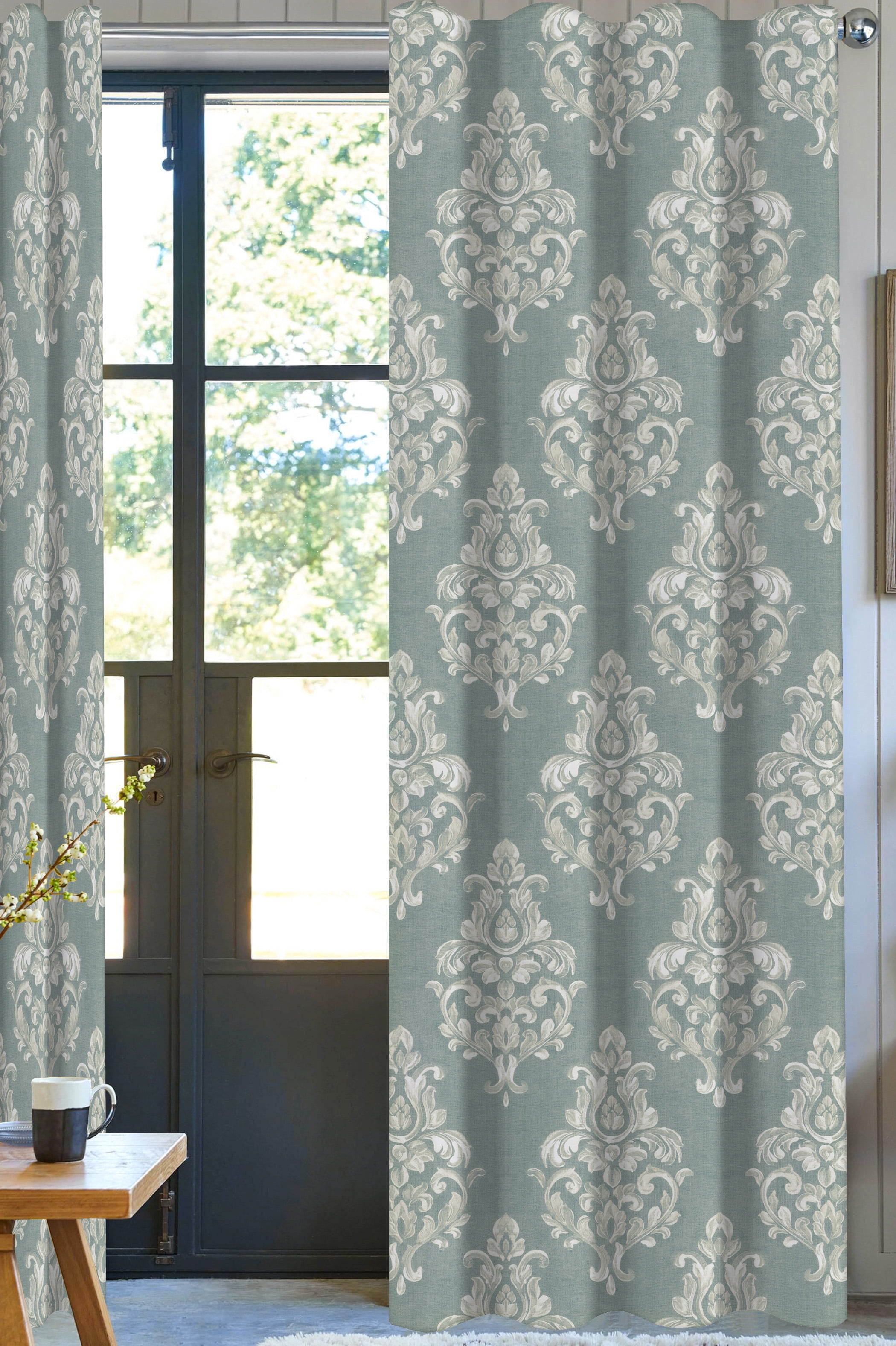 Damask Designer Drapery Panel Set of 2, 50" X 96", Green/ White, 100