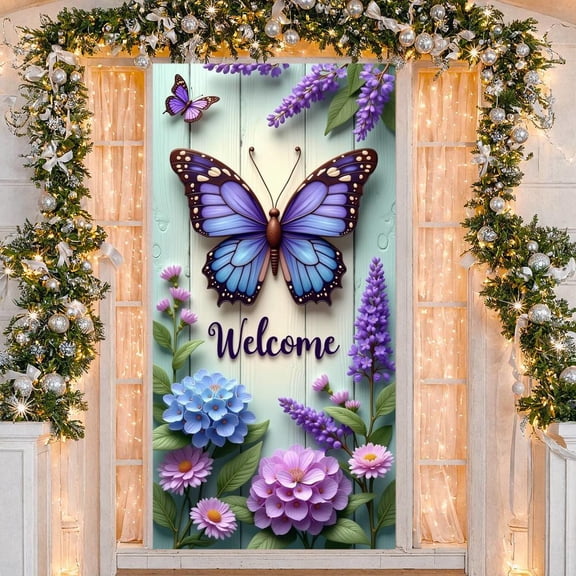 Colorful Welcome Banner Floral Floral Display Butterfly Design Purple Blue Garden Background for Home Decoration Garden Party Welcome Event