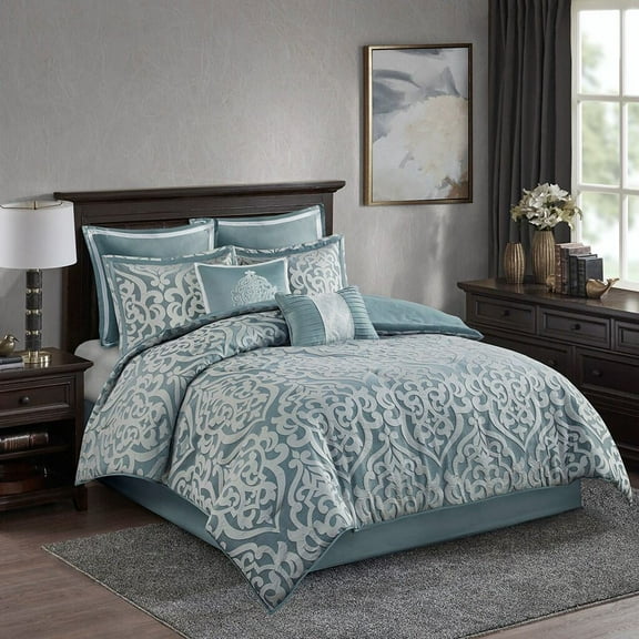 King Size Bed In A Bag, 8 Piece Jacquard Comforter Set Aqua/Silver Cal King, Aqua Silver Cotton Bedding Set,Polyester Bed Sheet Set, Household Supplies & Décor Bedding Bedding Sets