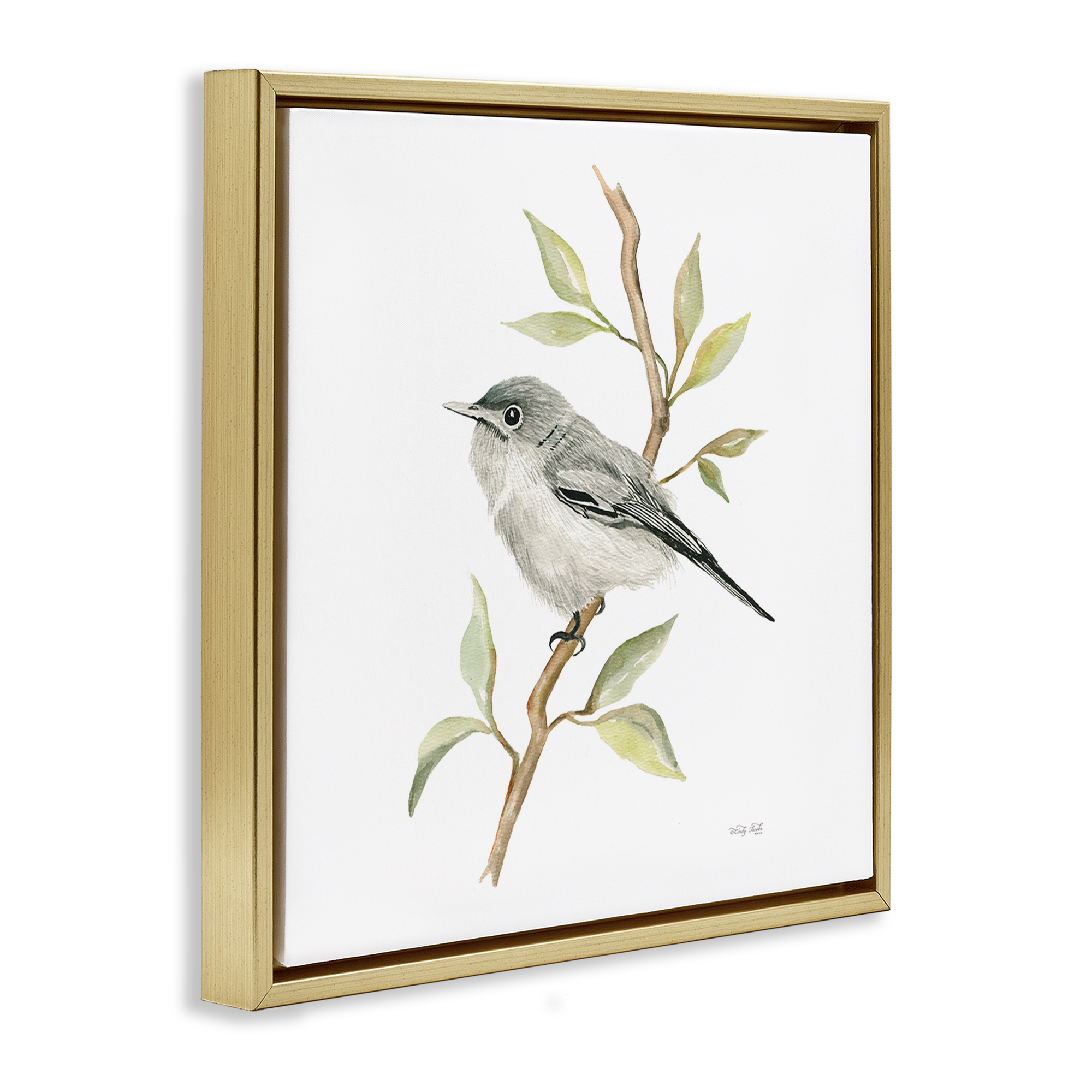Stupell Industries Bird on Simple Branch Animals & Insects Painting Gold Floater Framed Canvas Art Print Wall Art, 25 x 25