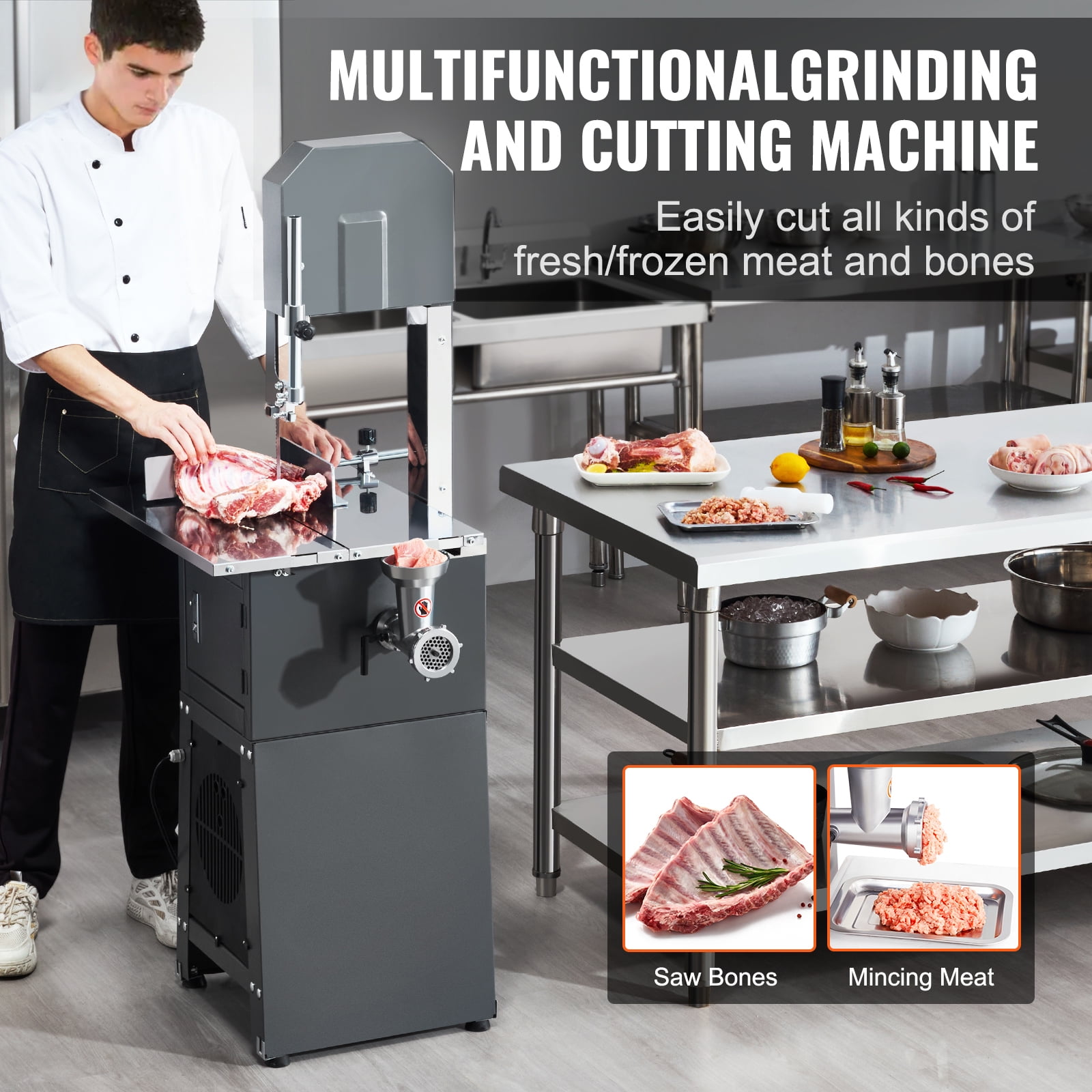 KFFKFF Electric Meat Saw, 850W Stainless Vertical Cutter, 19.1"x15" Table, Cuts 7.09" Thick, Ideal for Frozen Meat, Includes Blade for Ribs, Pork, Beef