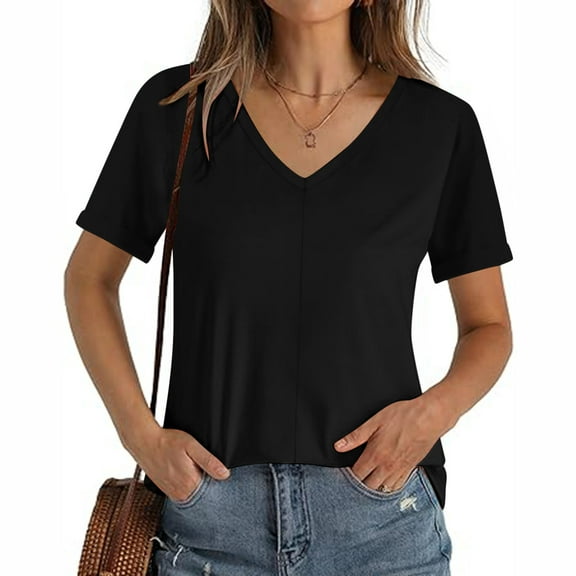 Yuwull 3/4 Sleeve Tops For Women, Casual Solid Short Sleeve Tops For Women V Neck Summer Tshirts Seamed Rolled Sleeve Shirts Casual Tops