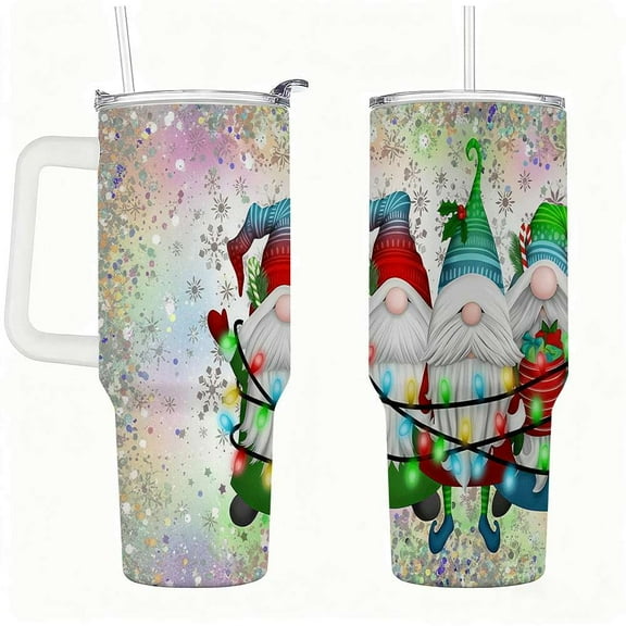 Christmas Gnomes Tumbler with Lid and Straw, Holiday Lights & Sparkle Snowflake Design