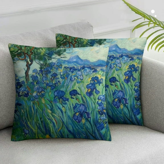 Acheng Pillow Covers Set of 2 Van Gogh Irises Flower and Monet's Iris Garden Throw Pillowcase Square Cushion Cases White