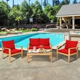 thumbnail image 4 of 4-Pieces Outdoor Sofa Chair Set Acacia Wooden Chat Set Patio Conversation Set with Red Cushions, 4 of 10