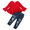 Red, variant on 2T Baby Girls Clothes 3T Girls 2PCS Fall Winter Outfits Set Solid Color Toddler Girls Long Sleeve Irregular Top Denim Pants Set Apricot