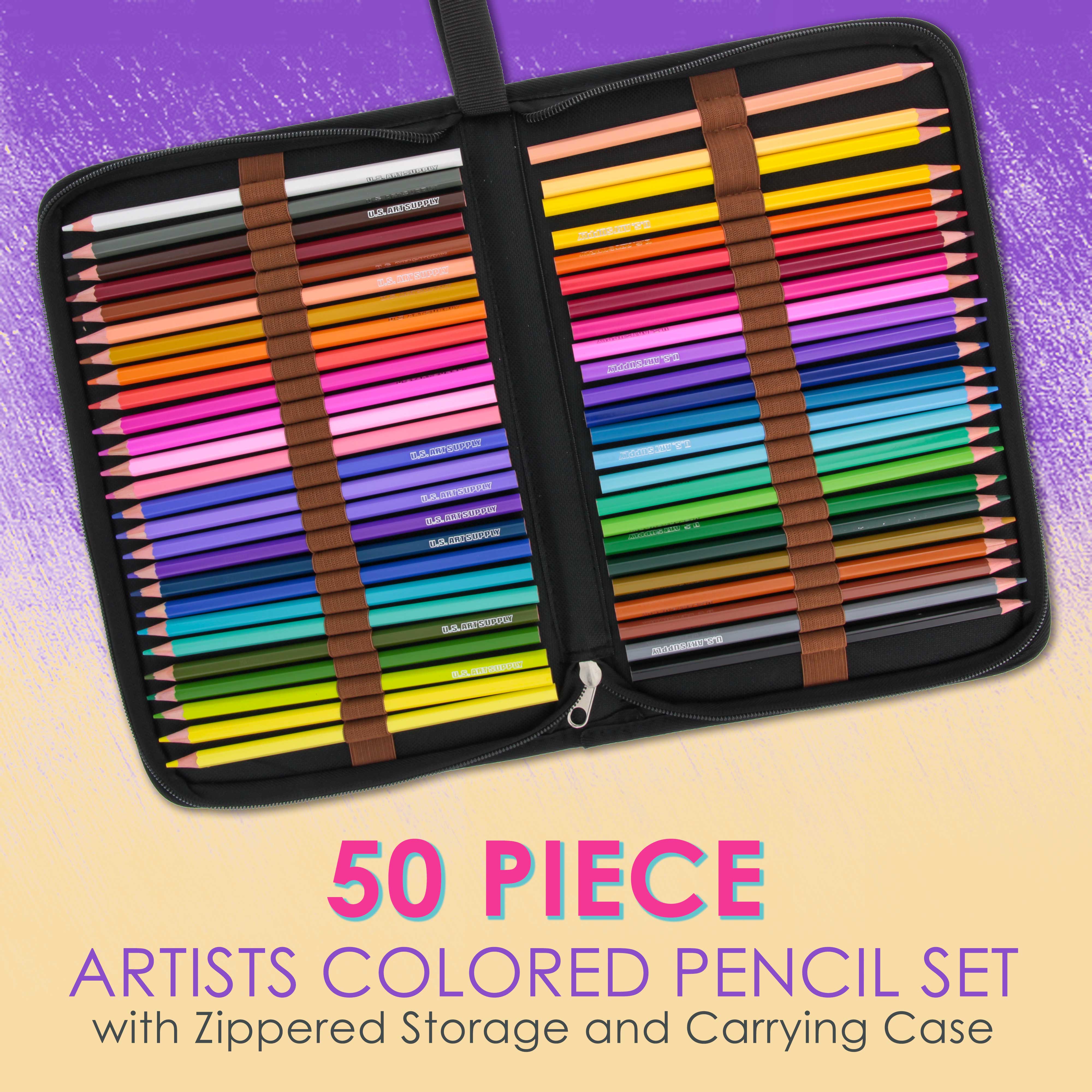 US Art Supply 50 Piece Adult Coloring Book Artist Grade Colored Pencil Set and Bonus Zippered Carry Case