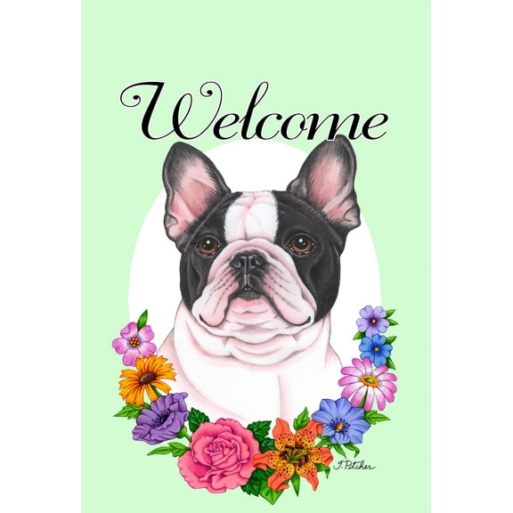 French Bulldog White/Black - Best of Breed Welcome Flowers Garden Flags