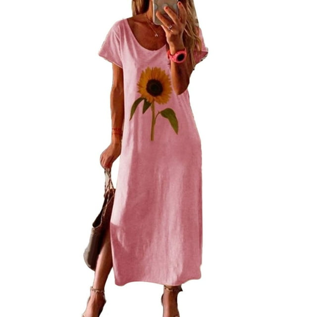 MesaSe Mode Femmes Col Tournesol Manches Courtes Côté Fendue en Vrac Longue Robe