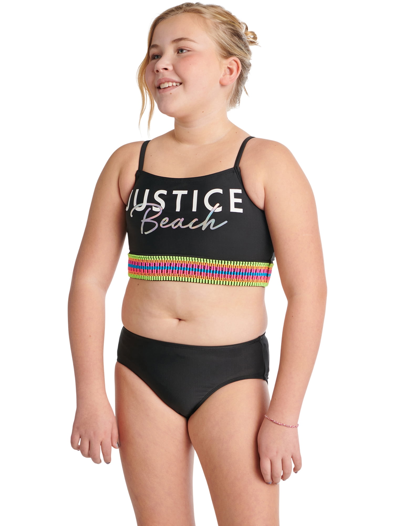 Justice Girls' Size 18 2-Piece Bathing Suit; Adjustable Hipster Bottom; UPF50+ 