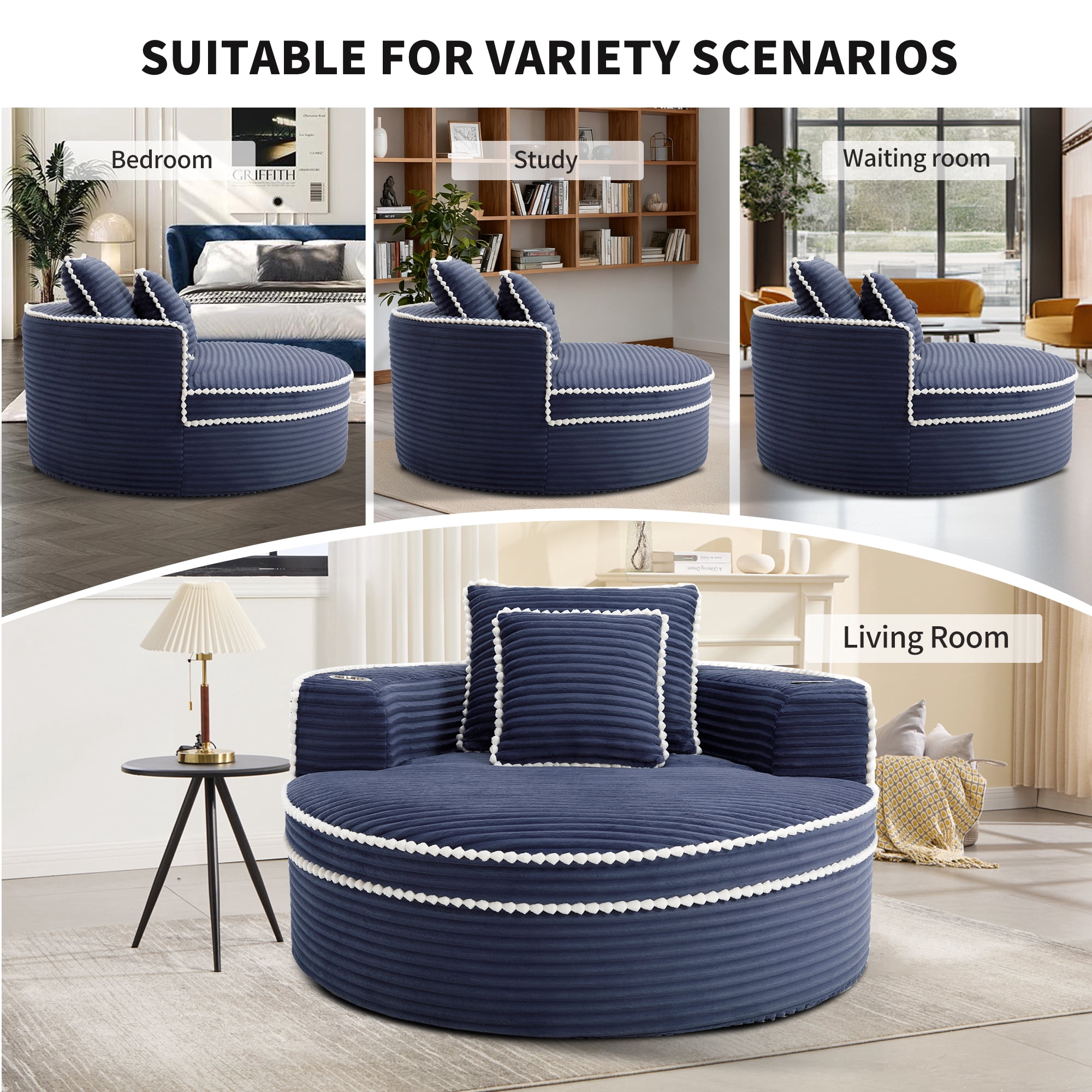 Leumius Oversized Round Chaise Lounge Chair Indoor, Upholstered Sofa Bed With Deep Seat and Cupholders,Cozy Boneless Chaise with High Density Memory Foam for Living Room,No Assembly,Blue