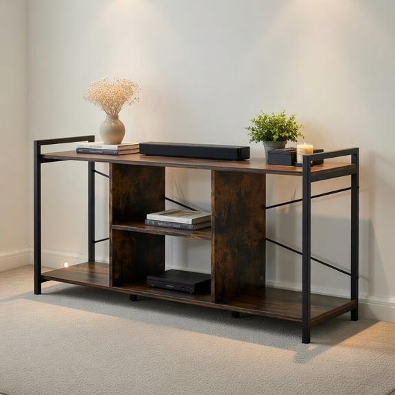 Resenkos Industrial TV Stand for 55 Inch TVs – Rustic Brown & Black Entertainment Center with Metal Frame, 200 lb Capacity, Anti-Tip Safety Kits