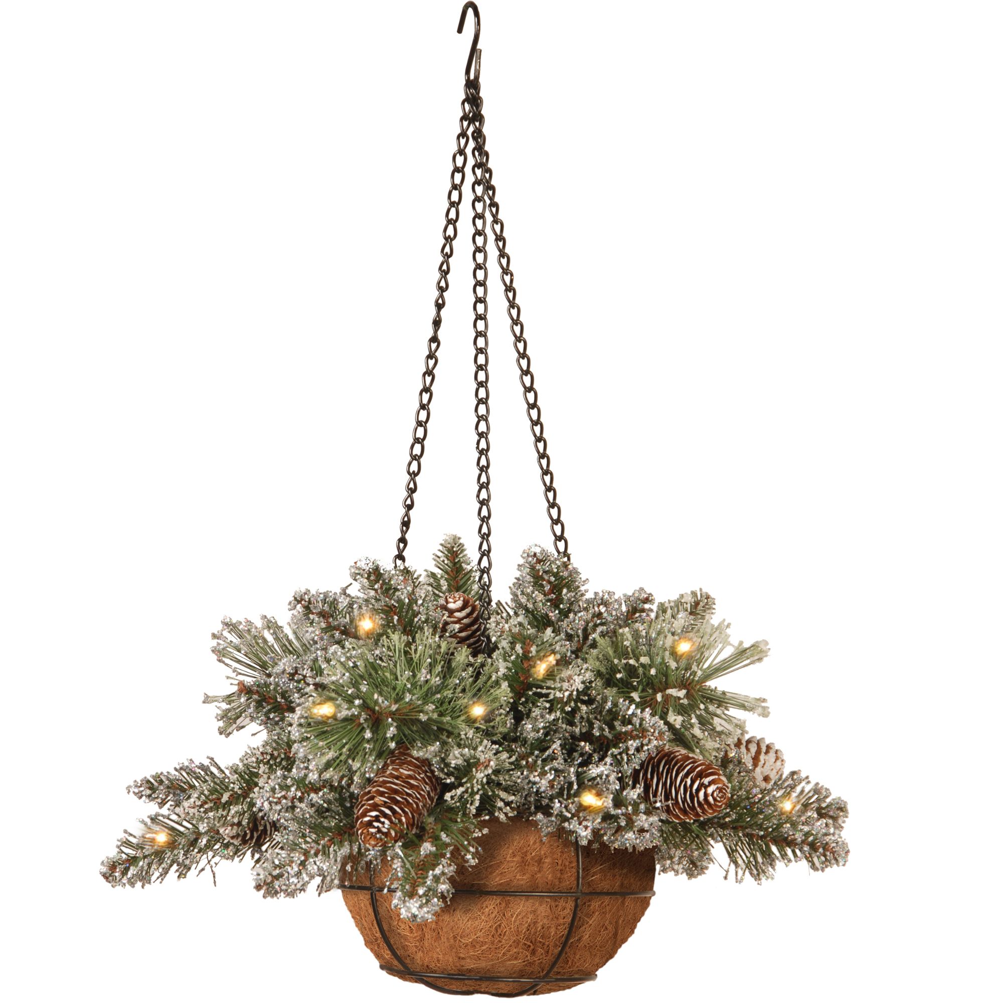 16" PreLit Bristle Pine Artificial Plant Hanging Basket Warm LED