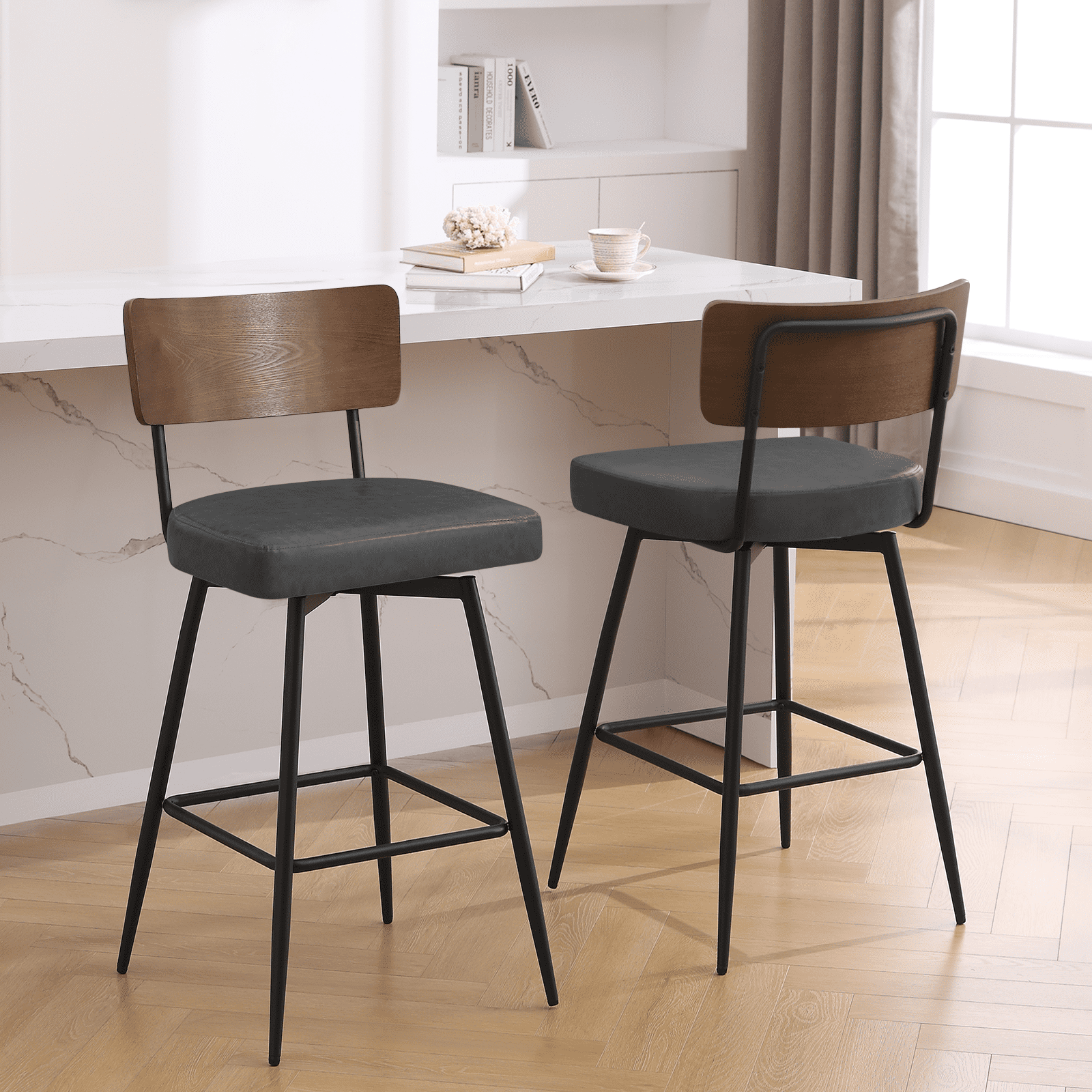 ANMINY Swivel Bar Stools Set of 4, 29" Seat Height, Upholstered Faux Leather Counter Barstools with Wood Backs and Metal Legs, Counter Height Bar Stool for Kitchen Island