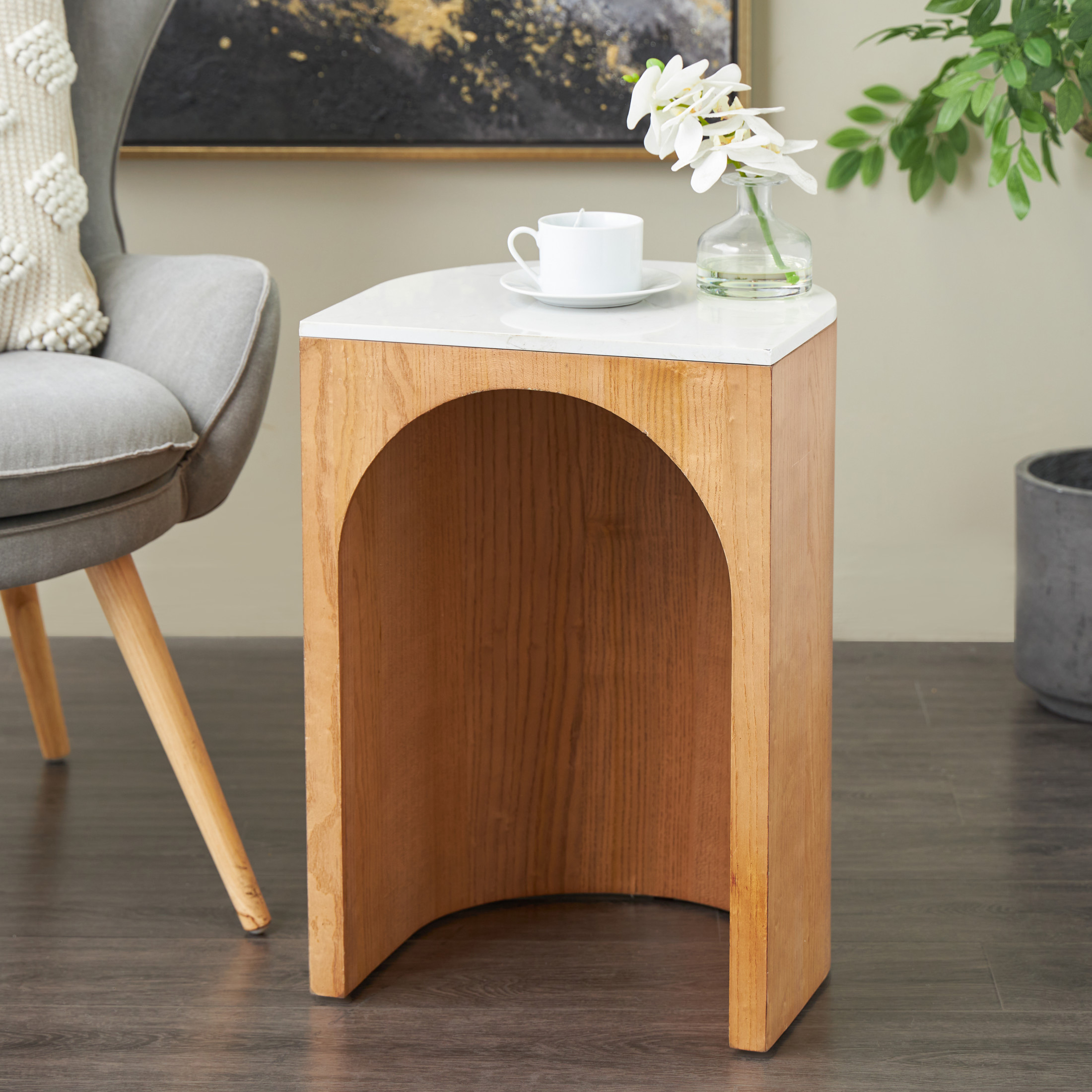 DecMode 16" x 23" Brown Wood Cutout Arch Accent Table with White Marble Tabletop, 1-Piece