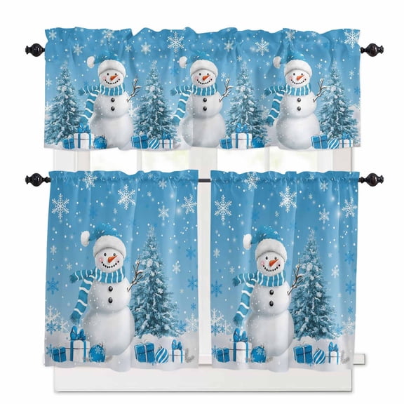 Christmas Snowman Kitchen Curtains and Valances Set, Snowman Xmas Tree Snowflakes Light Blue Rod Pocket Window Valance Window Curtain Panels for Living Room Bedroom Laundry, 27.5x36in, 3 Pieces