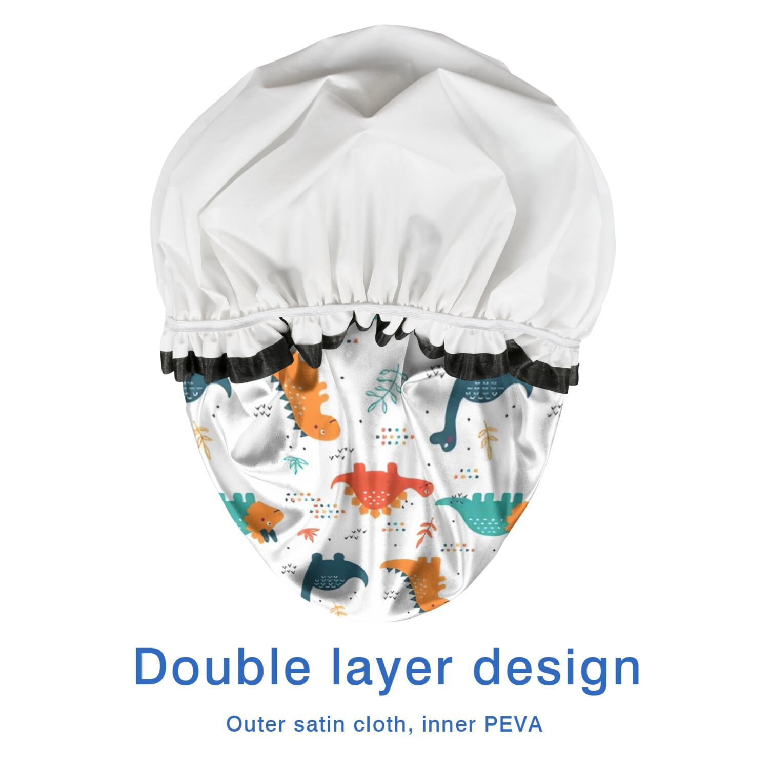 Shower Caps,White Cartoon Dinosaurs Pattern Waterproof Shower Cap for Women 4 Pieces,Double Reusable Hair Cover for Shower PEVA Elastic Stretch Hem