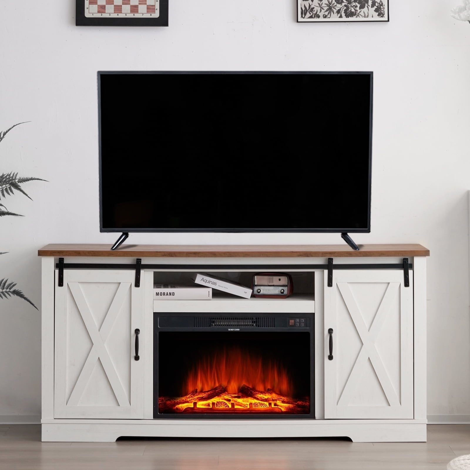 VANACC Fireplace TV Stand with Sliding Barn Door for TVs up to 73", Farmhouse 63" Entertainment Center with Storage Cabinets/Adjustable Shelves, Distressed White & Rustic