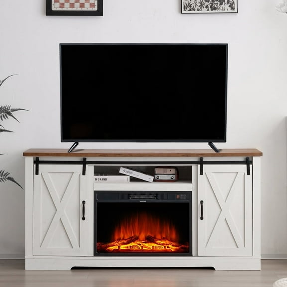 PLAUIN Fireplace TV Stand with Sliding Barn Door for 73" TVs, Distressed White