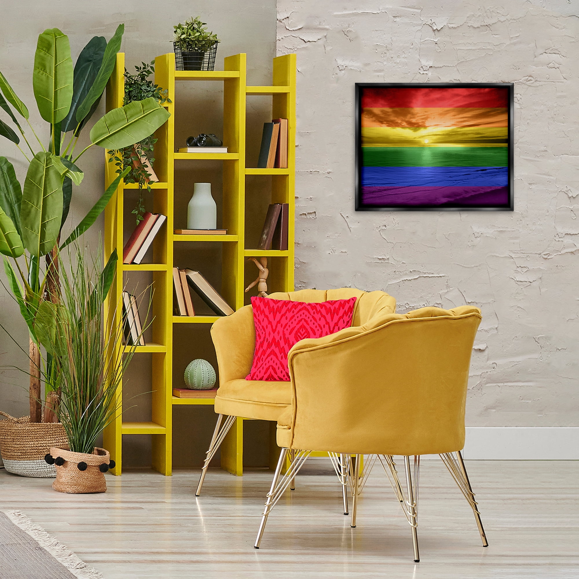 Stupell Industries Rainbow Sunset Beach Coastal Painting Black Floater Framed Art Print Wall Art, 21 x 17