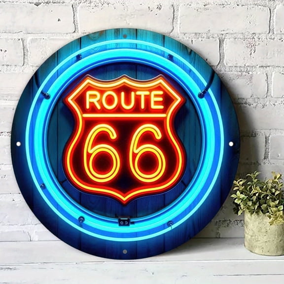 HELLOYOUNG Vintage Route 66 Metal Wall Sign 7.87 Inch Round Aluminum Neon LED Light Bar Decor for Man Cave Garage