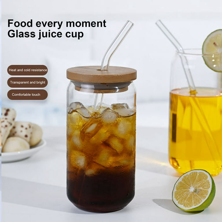 Drinking Glass with Bamboo Lids and Glass Straws, 18.6 oz Can Shaped Glass Cups , Glass Beer Can Cups with Lids for Iced Coffee, Soda, Whiskey, Bubble