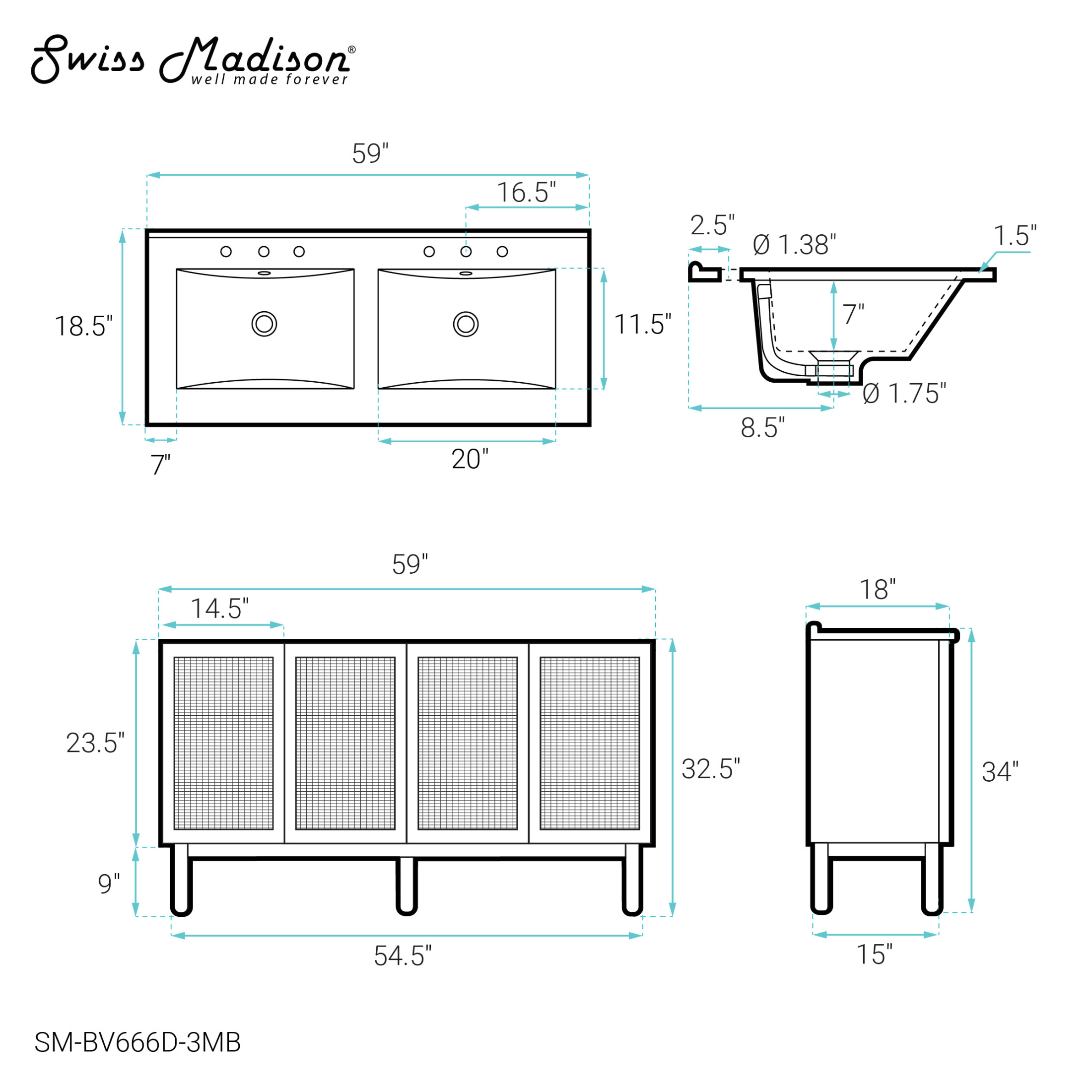 Classe 60" Freestanding Bathroom Vanity in Golden Oak with Black 3-Hole Widespread Double Basin Sink Top