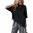 thumbnail image 2 of Womens T Shirts Loose Fit Short Sleeve Tees Crew Neck Color Lace Tops Fashion Black S, 2 of 9